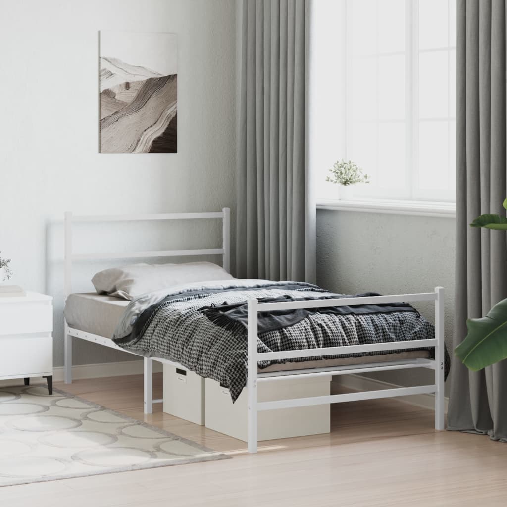 Cadru de pat metalic cu tăblie de cap/picioare  alb, 100x190 cm - Lando