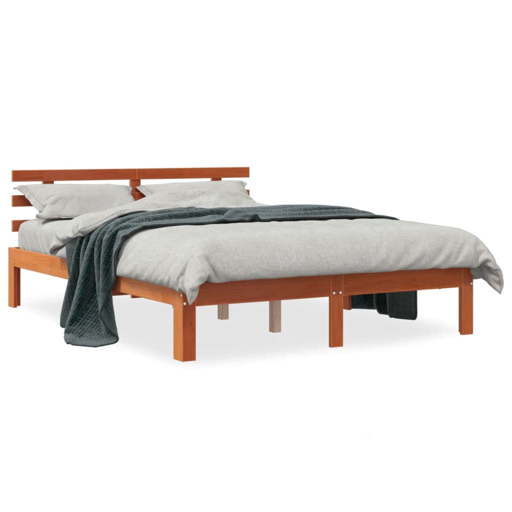 Cadru de pat cu tăblie, maro ceruit, 135x190 cm, lemn masiv pin - Lando