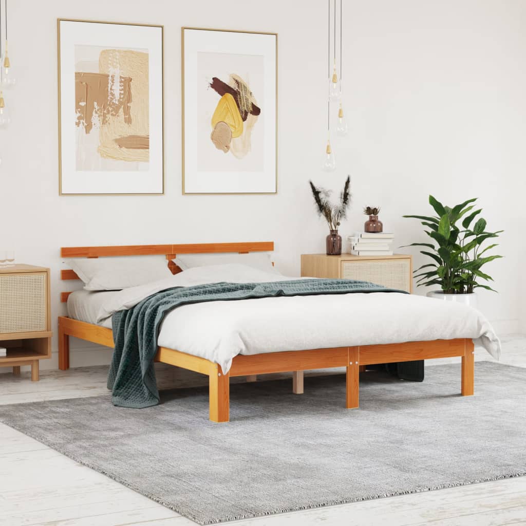 Cadru de pat cu tăblie, maro ceruit, 140x190 cm, lemn masiv pin - Lando