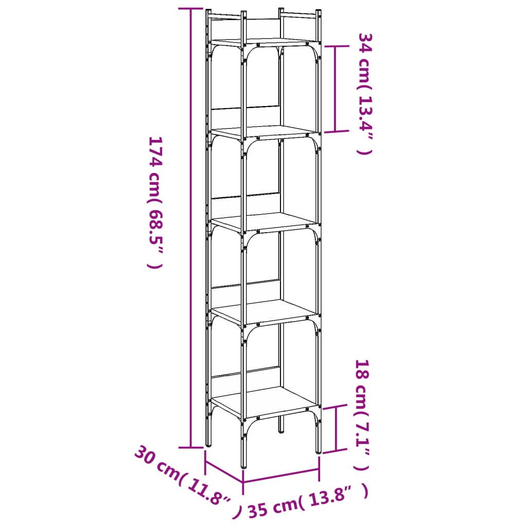 Bibliotecă cu 5 niveluri, negru, 35x30x174 cm, lemn prelucrat - Lando