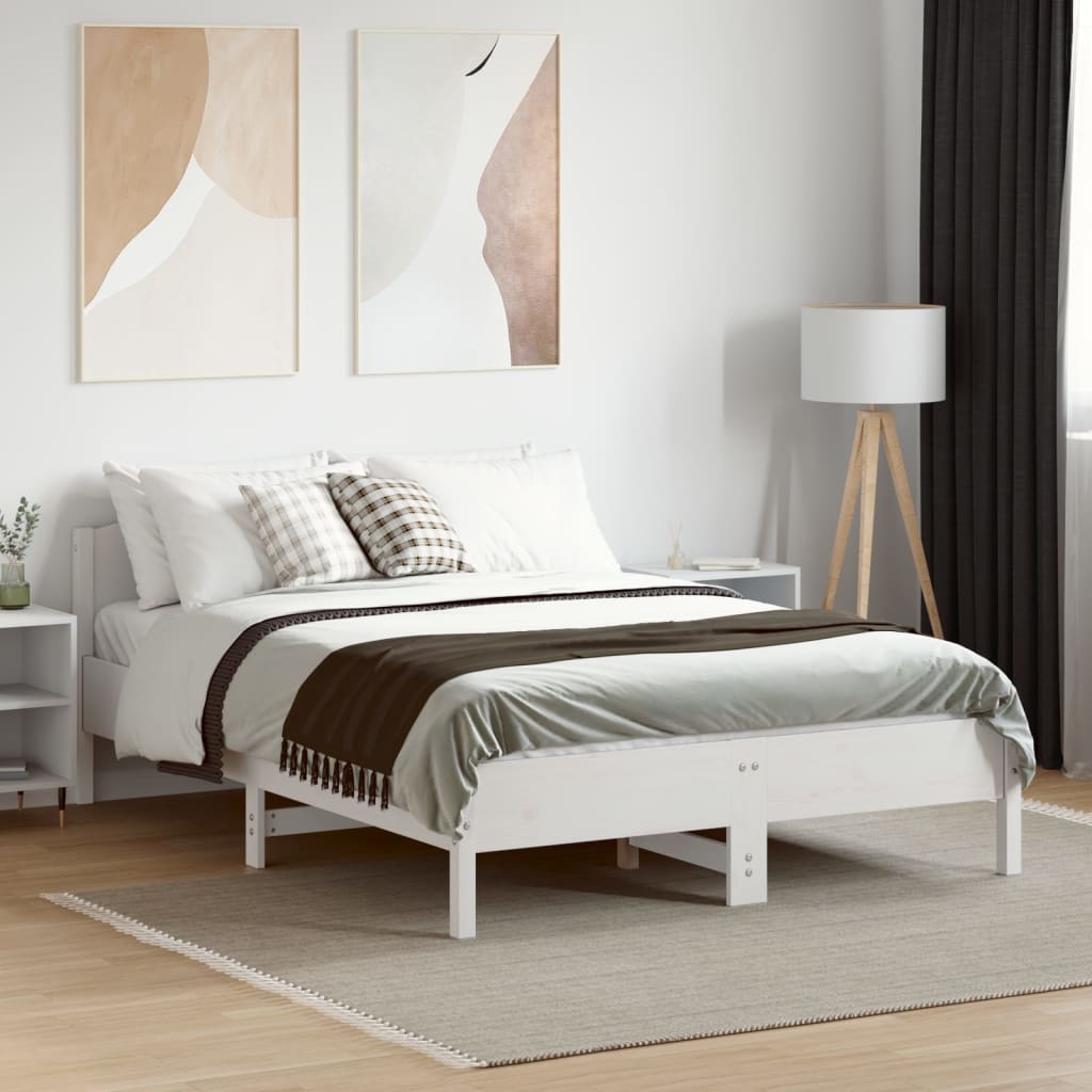 Cadru de pat cu tăblie, alb, 140x190 cm, lemn masiv de pin - Lando