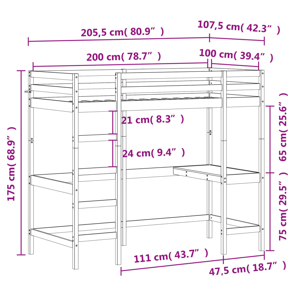 Cadru pat supraetajat cu birou, maro 100x200 cm lemn masiv pin - Lando