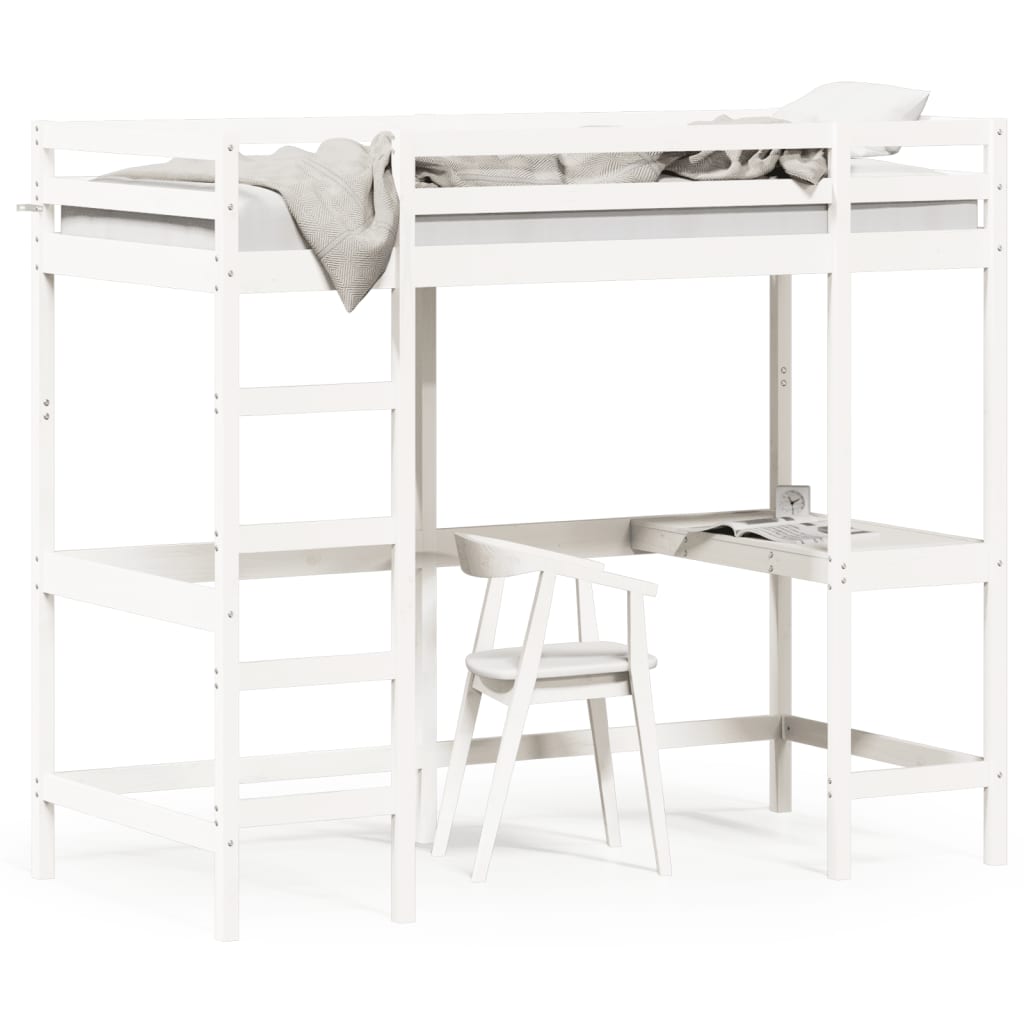 Cadru pat supraetajat cu birou, alb, 90x200 cm, lemn masiv pin - Lando