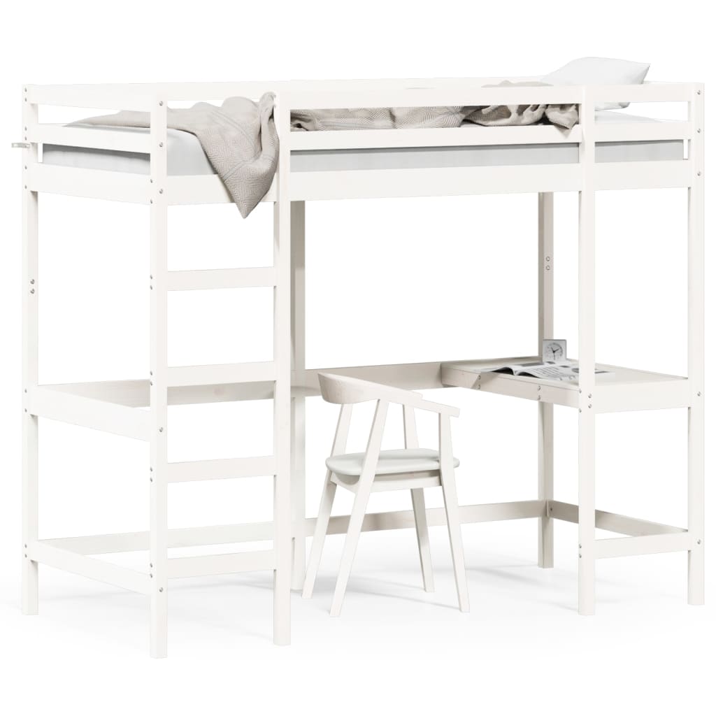 Cadru pat supraetajat cu birou, alb, 90x190 cm, lemn masiv pin - Lando