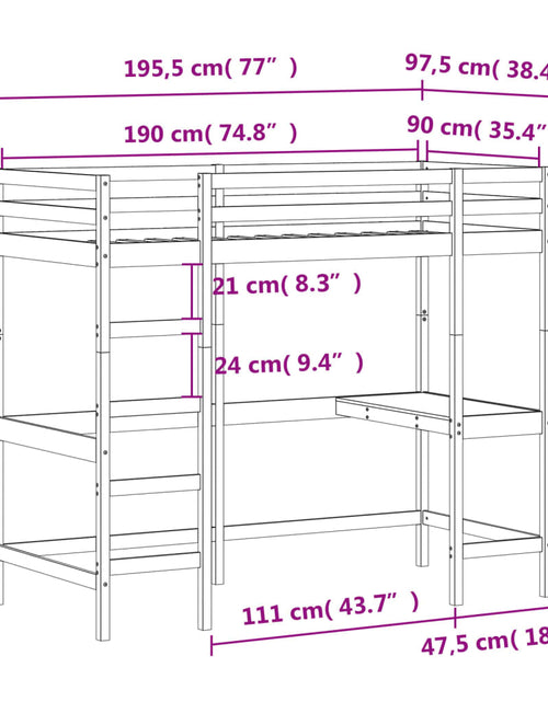 Încărcați imaginea în vizualizatorul Galerie, Cadru pat supraetajat cu birou, maro, 90x190 cm, lemn masiv pin - Lando
