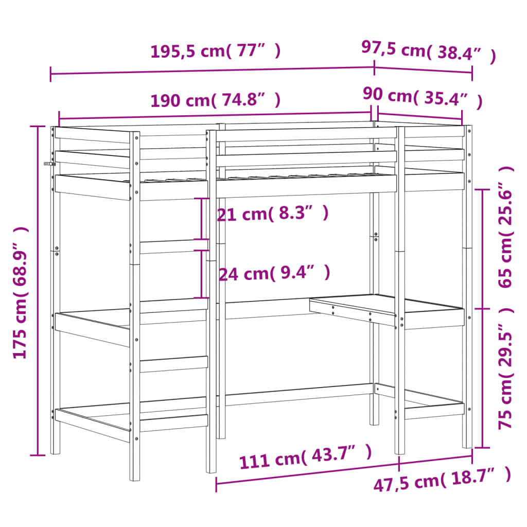 Cadru pat supraetajat cu birou, maro, 90x190 cm, lemn masiv pin - Lando