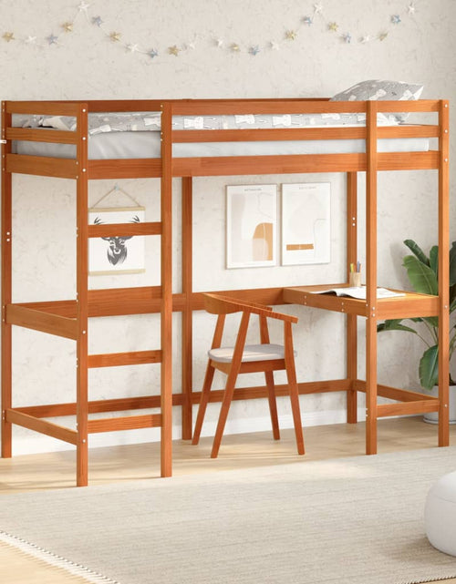 Încărcați imaginea în vizualizatorul Galerie, Cadru pat supraetajat cu birou, maro, 75x190 cm, lemn masiv pin - Lando
