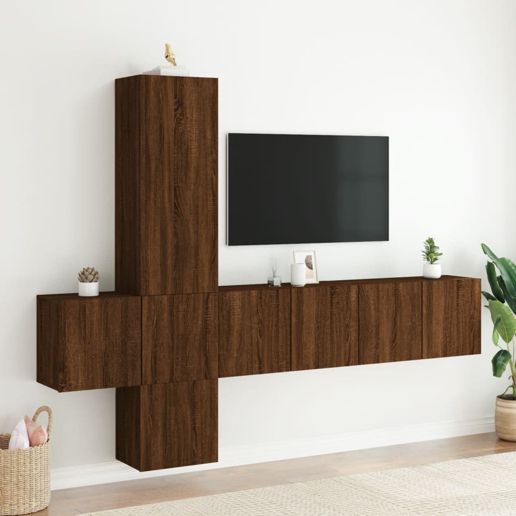 Unități TV de perete, 5 piese, stejar maro, lemn prelucrat - Lando