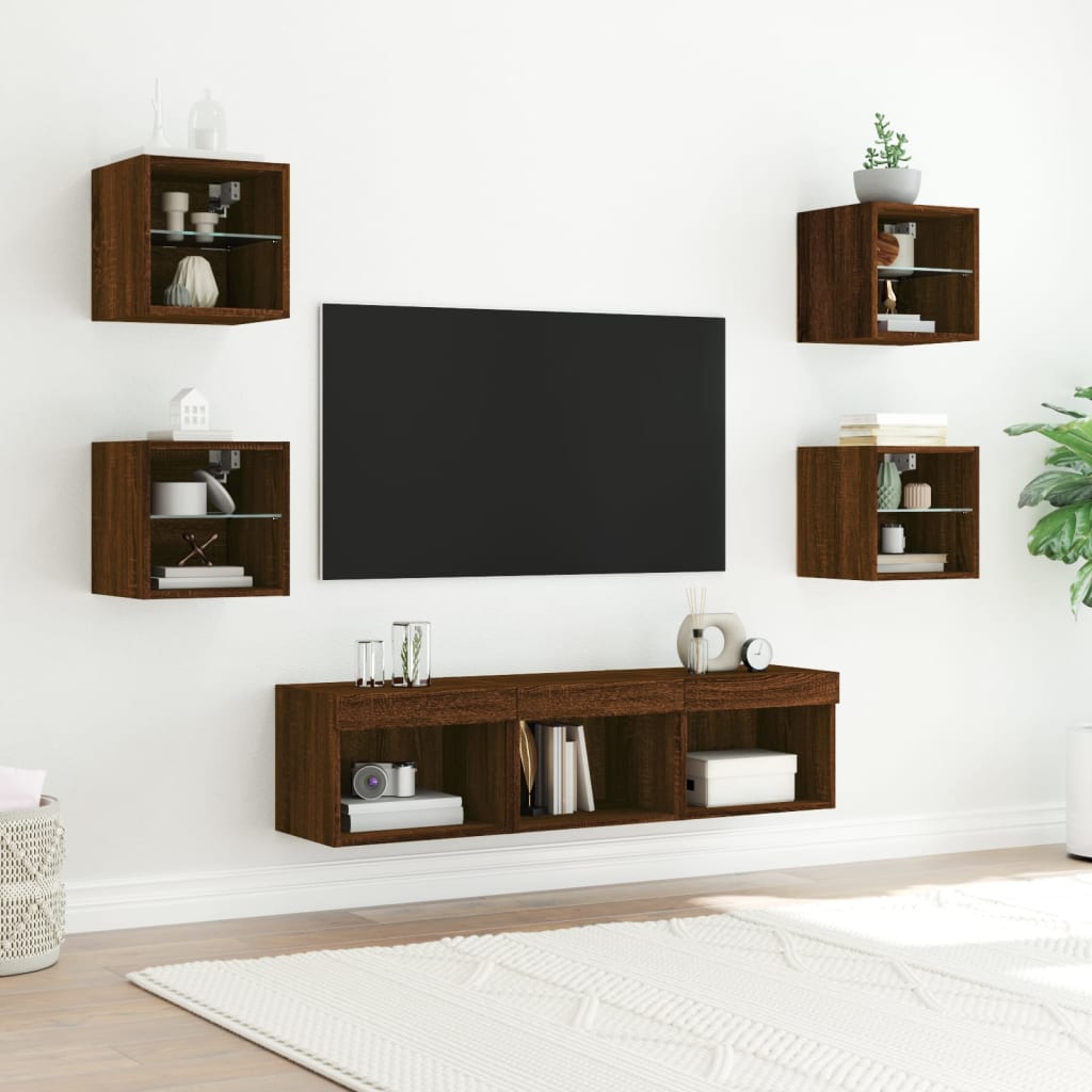 Unități de perete TV cu LED-uri, 7 piese, stejar maro, lemn - Lando