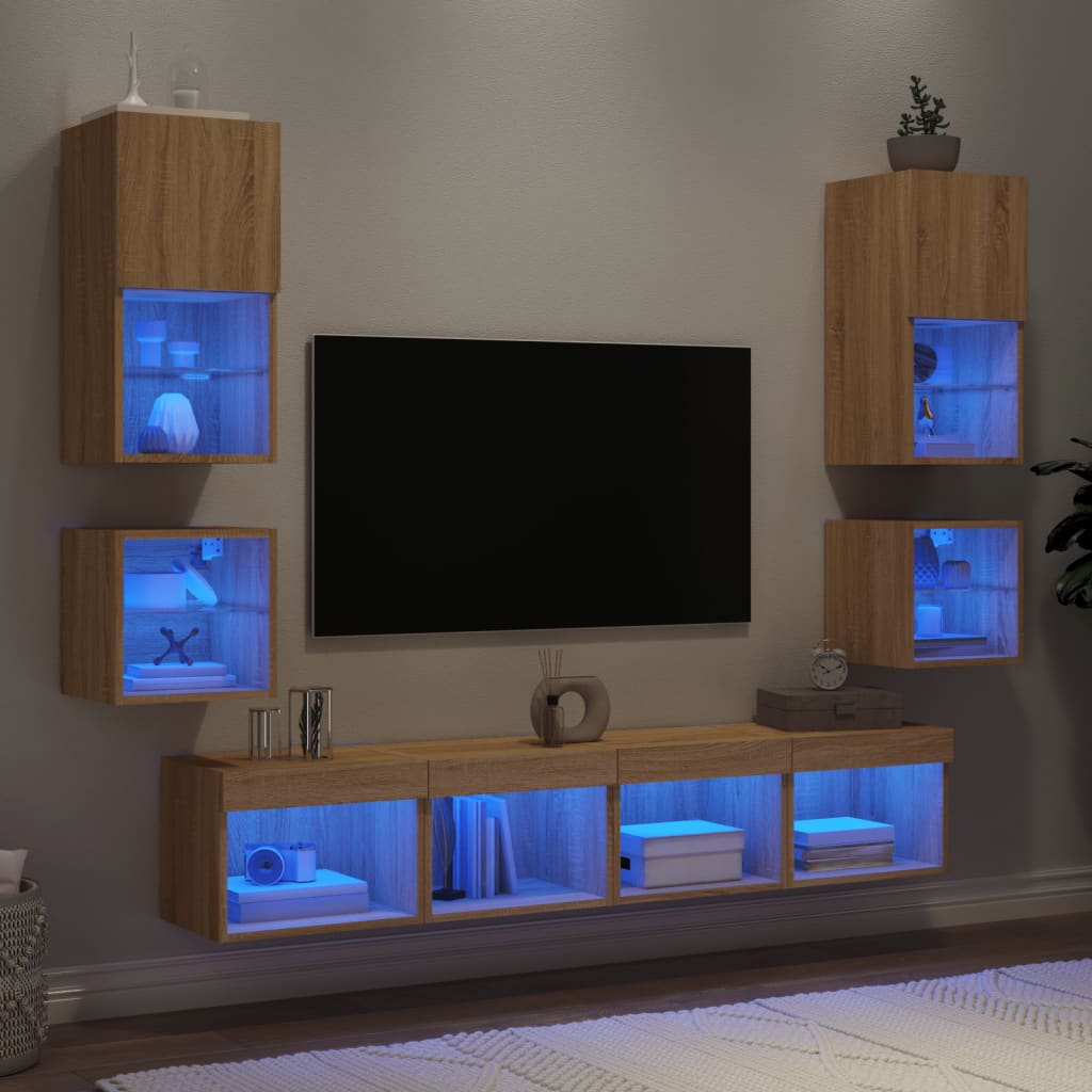 Unități de perete TV cu LED-uri, 8 piese, stejar sonoma, lemn - Lando