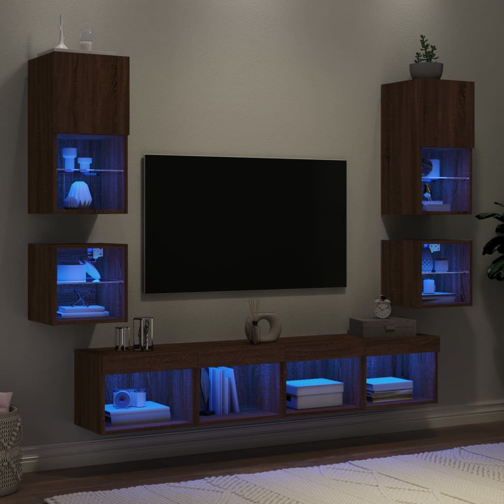 Unități de perete TV cu LED-uri, 8 piese, stejar maro, lemn - Lando