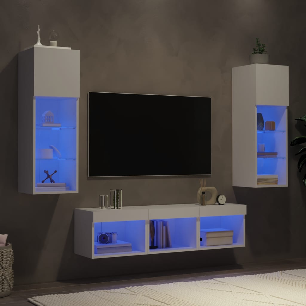 Unități de perete TV cu LED-uri, 5 piese, alb, lemn prelucrat - Lando
