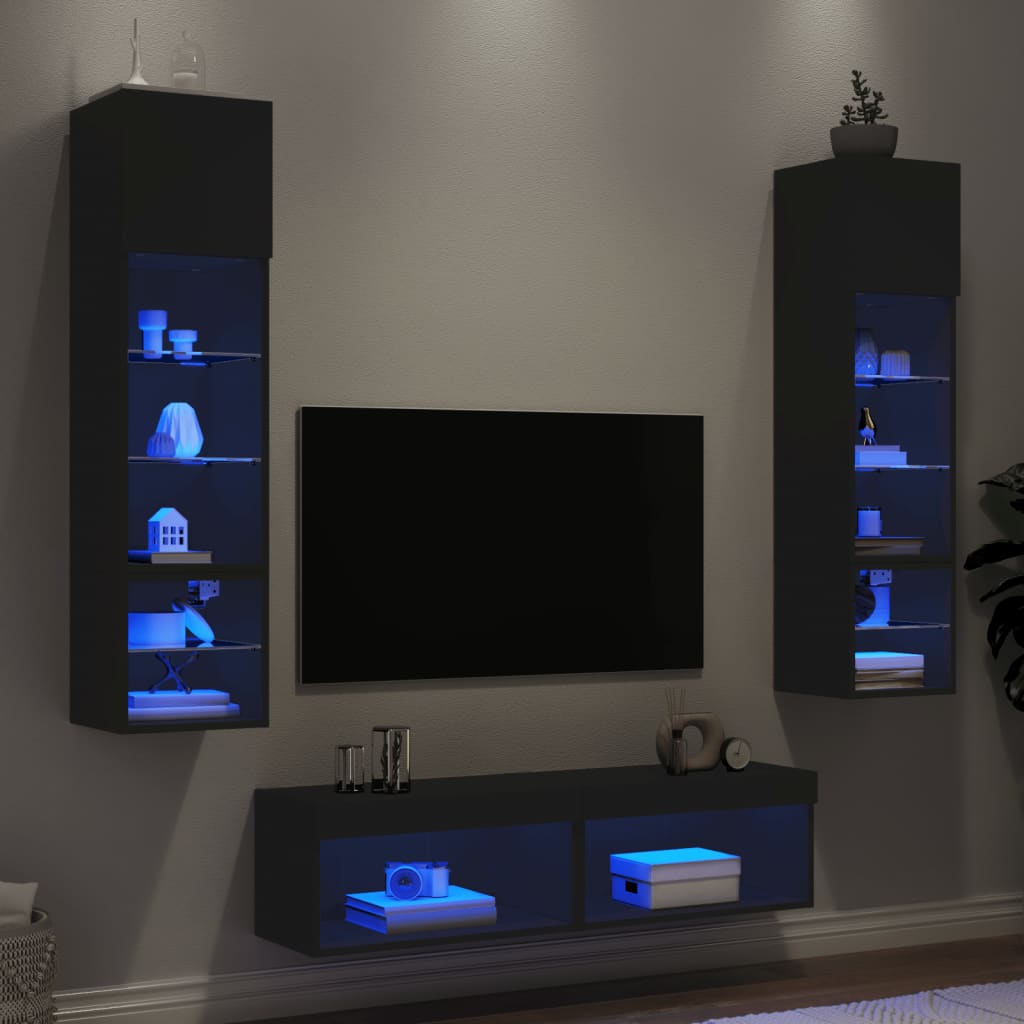 Unități de perete TV cu LED-uri, 6 piese, negru, lemn prelucrat - Lando
