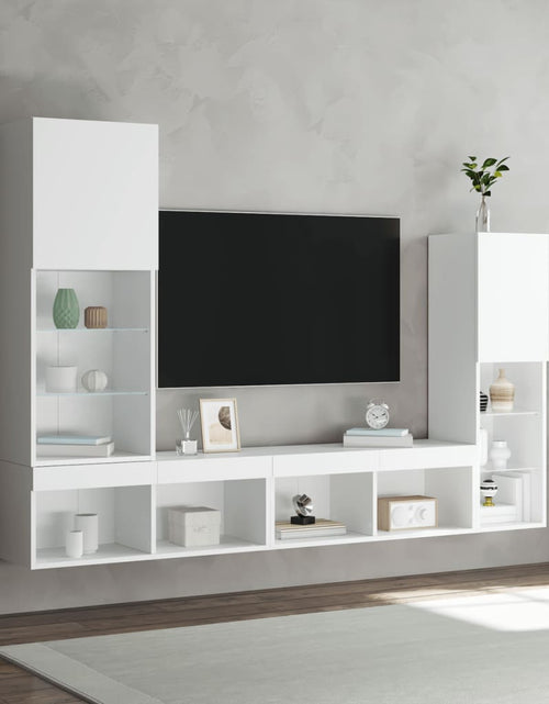 Încărcați imaginea în vizualizatorul Galerie, Unități de perete TV cu LED-uri, 4 piese, alb, lemn prelucrat - Lando
