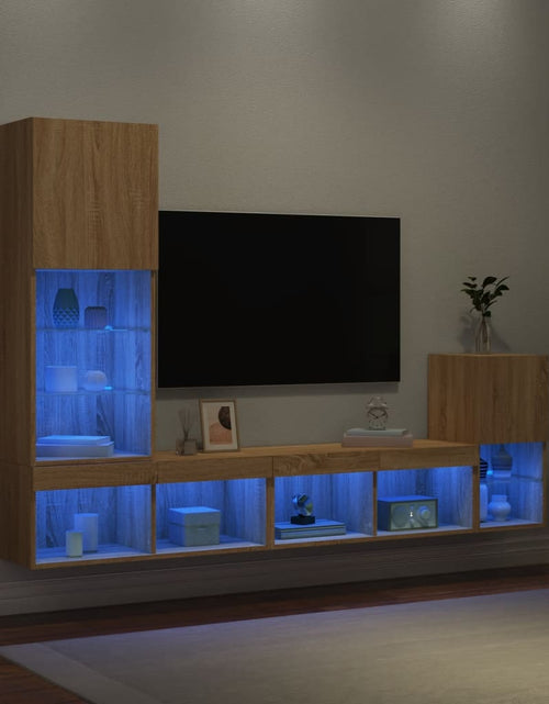 Загрузите изображение в средство просмотра галереи, Unități de perete TV cu LED-uri, 4 piese, stejar sonoma, lemn - Lando
