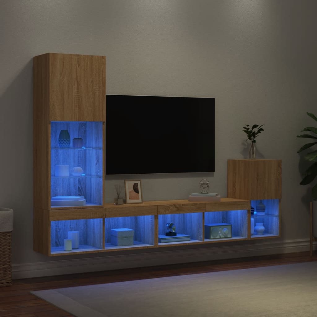 Unități de perete TV cu LED-uri, 4 piese, stejar sonoma, lemn - Lando