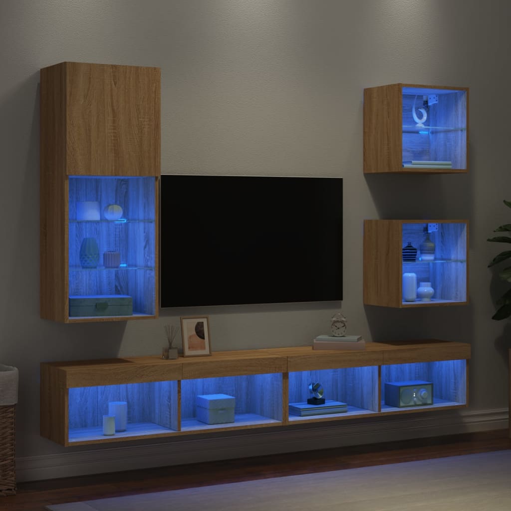 Unități de perete TV cu LED-uri, 5 piese, stejar sonoma, lemn - Lando