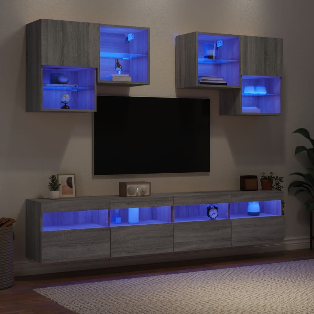 Comode TV de perete cu lumini LED, 6 piese, gri sonoma - Lando