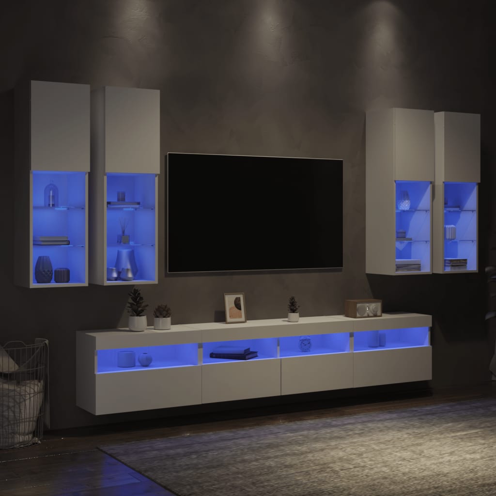 Set comode TV de perete, 7 piese, cu lumini LED, alb - Lando