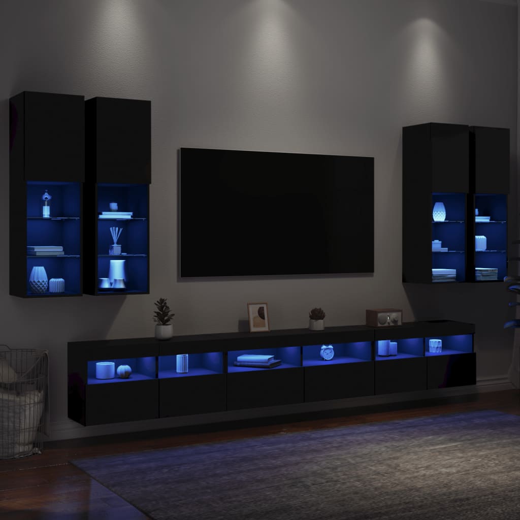 Set comode TV de perete, 7 piese, cu lumini LED, negru - Lando