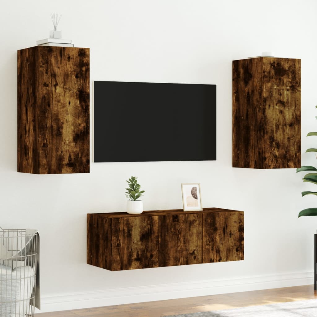 Unități de perete TV cu LED-uri, 4 piese, stejar fumuriu, lemn - Lando