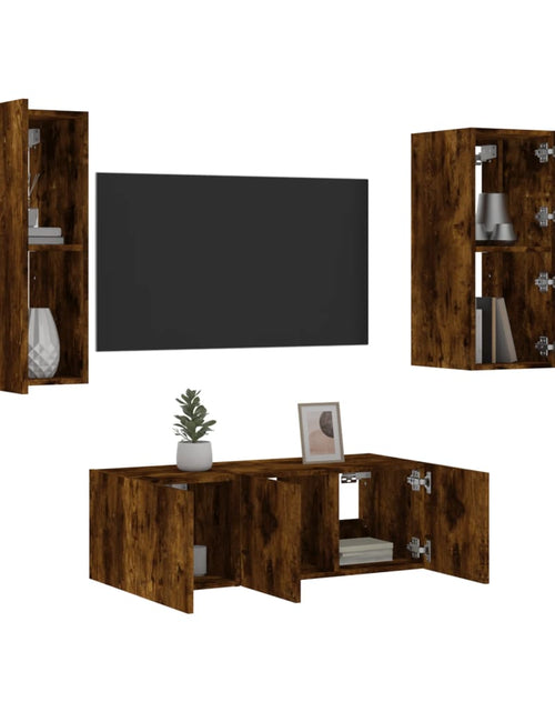 Încărcați imaginea în vizualizatorul Galerie, Unități de perete TV cu LED-uri, 4 piese, stejar fumuriu, lemn - Lando
