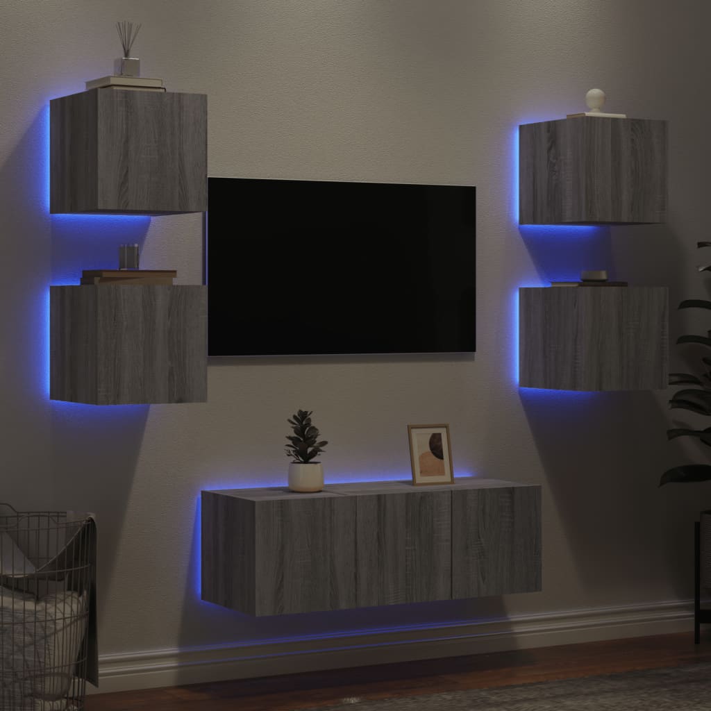 Unități de perete TV cu LED-uri, 6 piese, gri sonoma, lemn - Lando
