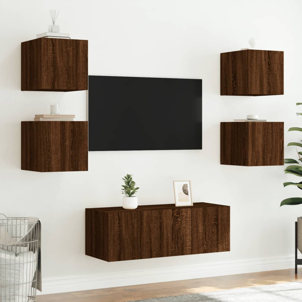 Unități de perete TV cu LED-uri, 6 piese, stejar maro, lemn - Lando