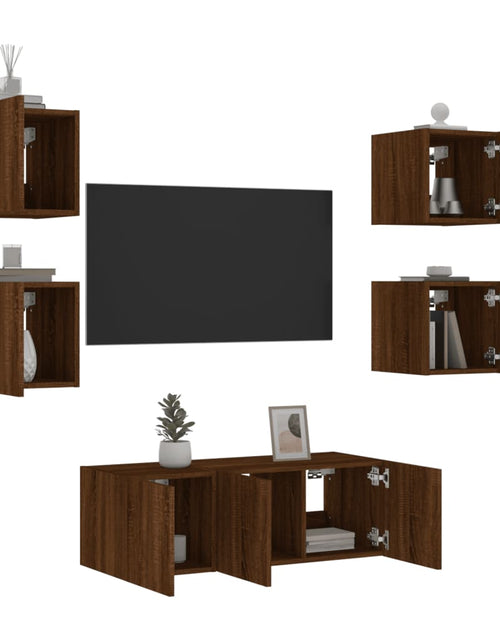 Încărcați imaginea în vizualizatorul Galerie, Unități de perete TV cu LED-uri, 6 piese, stejar maro, lemn - Lando
