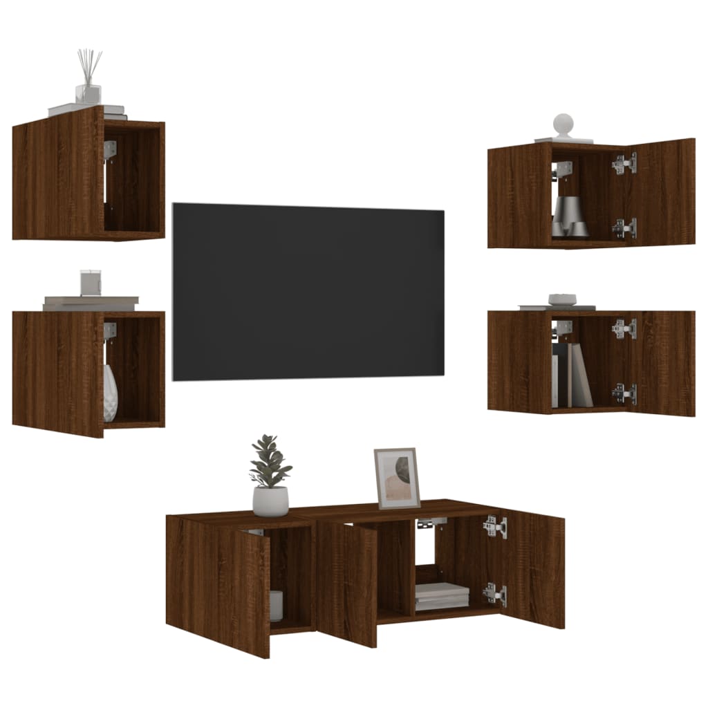 Unități de perete TV cu LED-uri, 6 piese, stejar maro, lemn - Lando