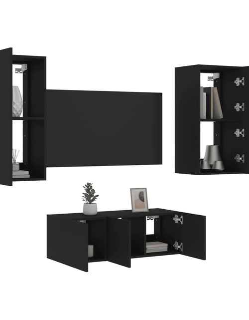 Încărcați imaginea în vizualizatorul Galerie, Unități de perete TV cu LED-uri, 4 piese, negru, lemn prelucrat - Lando
