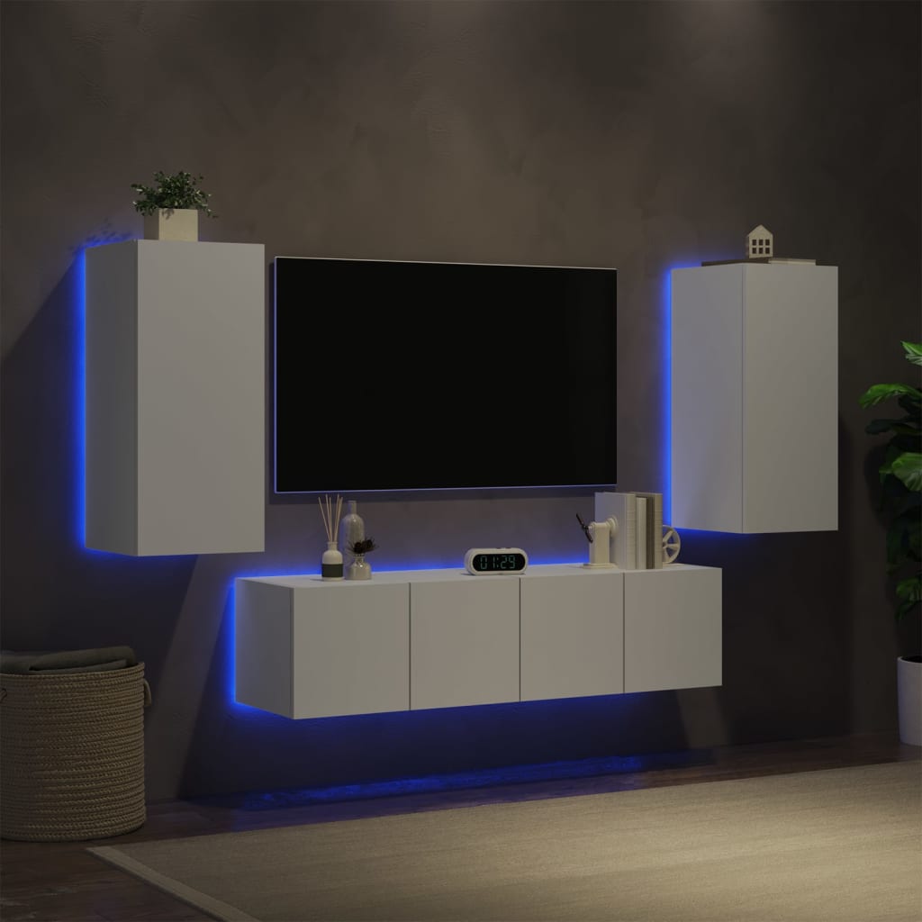 Unități de perete TV cu LED-uri, 4 piese, alb, lemn prelucrat - Lando
