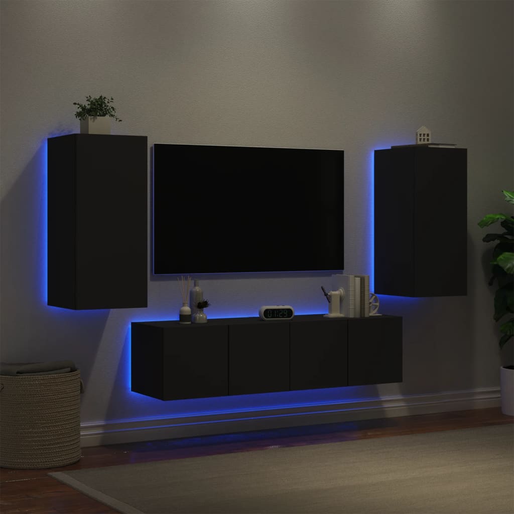 Unități de perete TV cu LED-uri, 4 piese, negru, lemn prelucrat - Lando