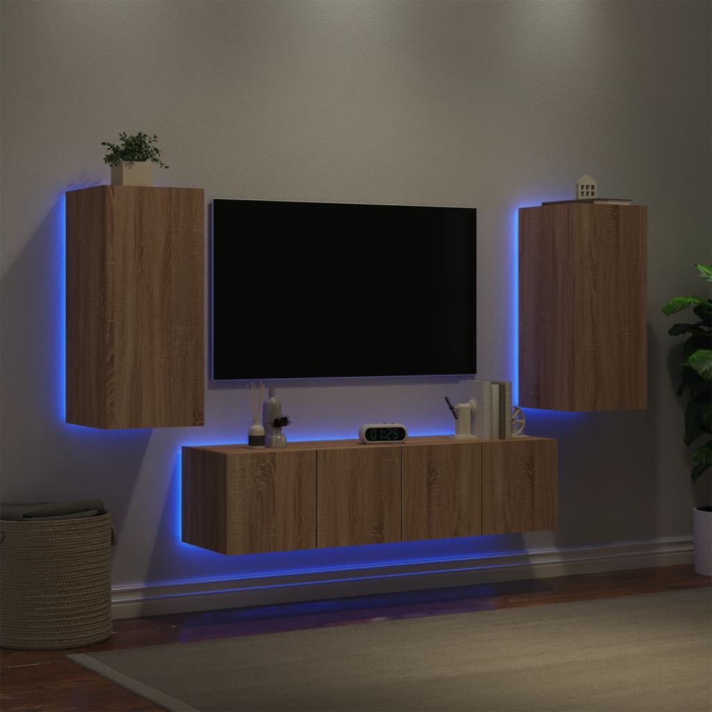 Unități de perete TV cu LED-uri, 4 piese, stejar sonoma, lemn - Lando