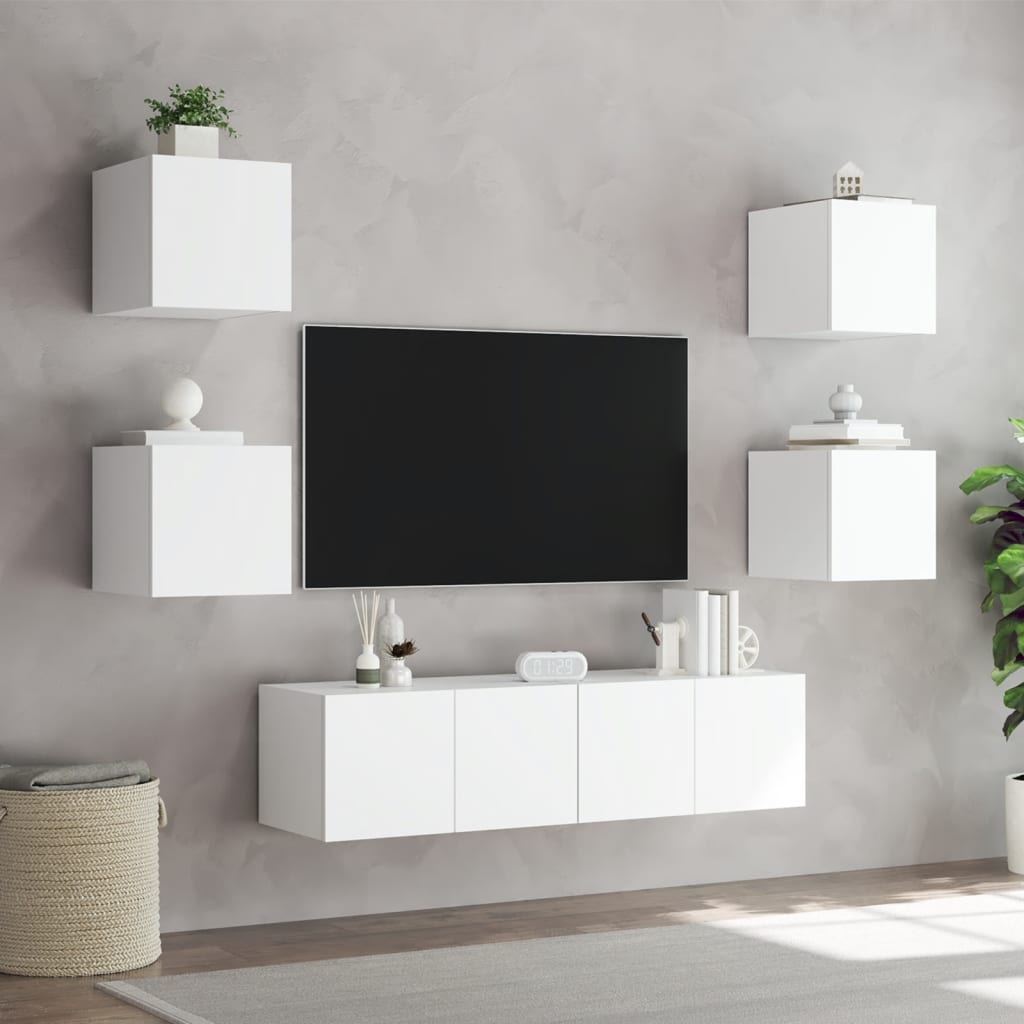 Unități de perete TV cu LED-uri, 6 piese, alb, lemn prelucrat - Lando
