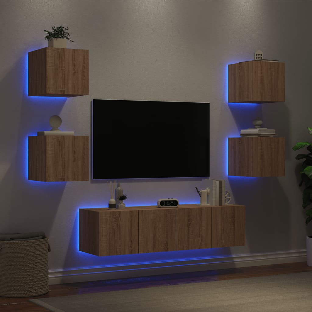 Unități de perete TV cu LED-uri, 6 piese, stejar sonoma, lemn - Lando