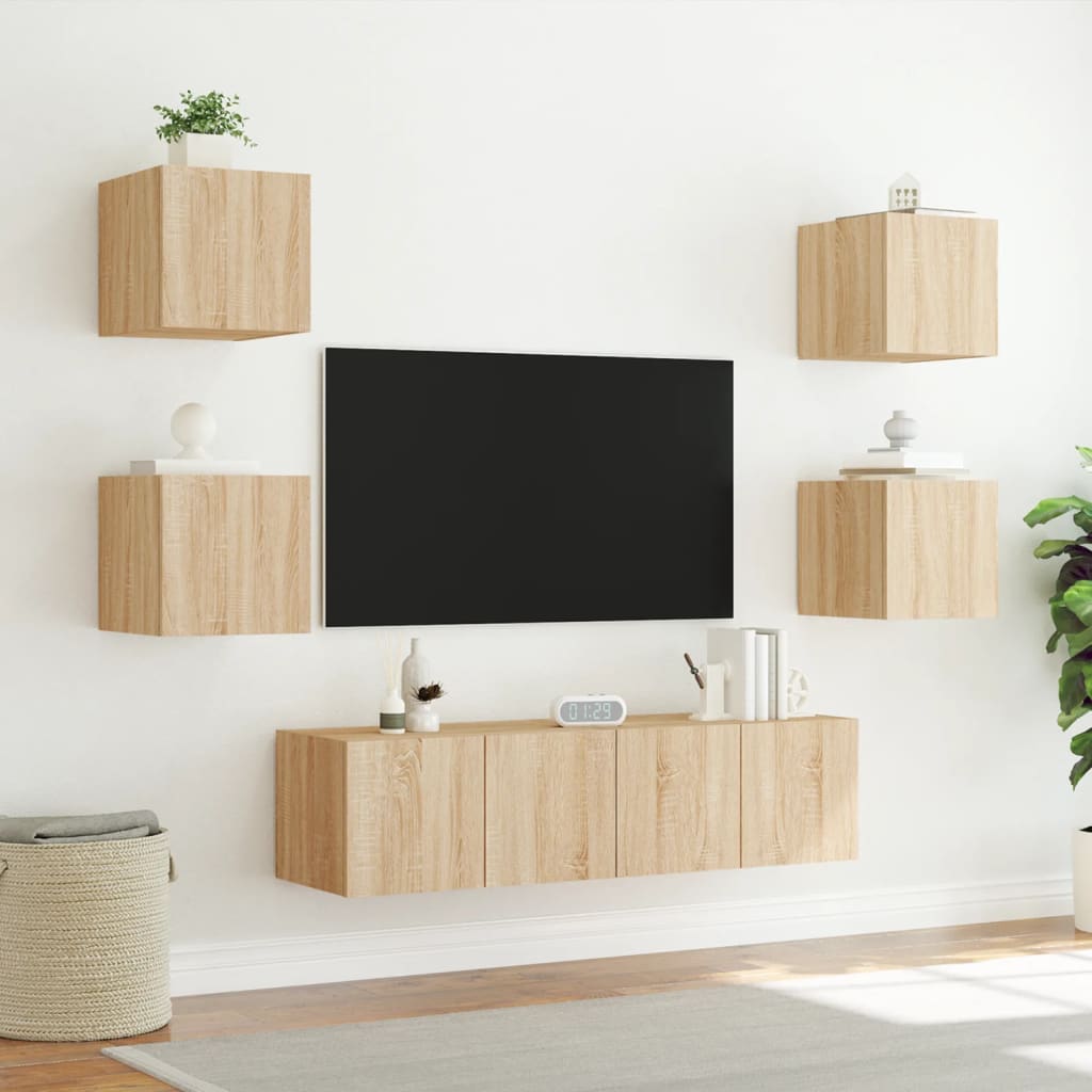 Unități de perete TV cu LED-uri, 6 piese, stejar sonoma, lemn - Lando