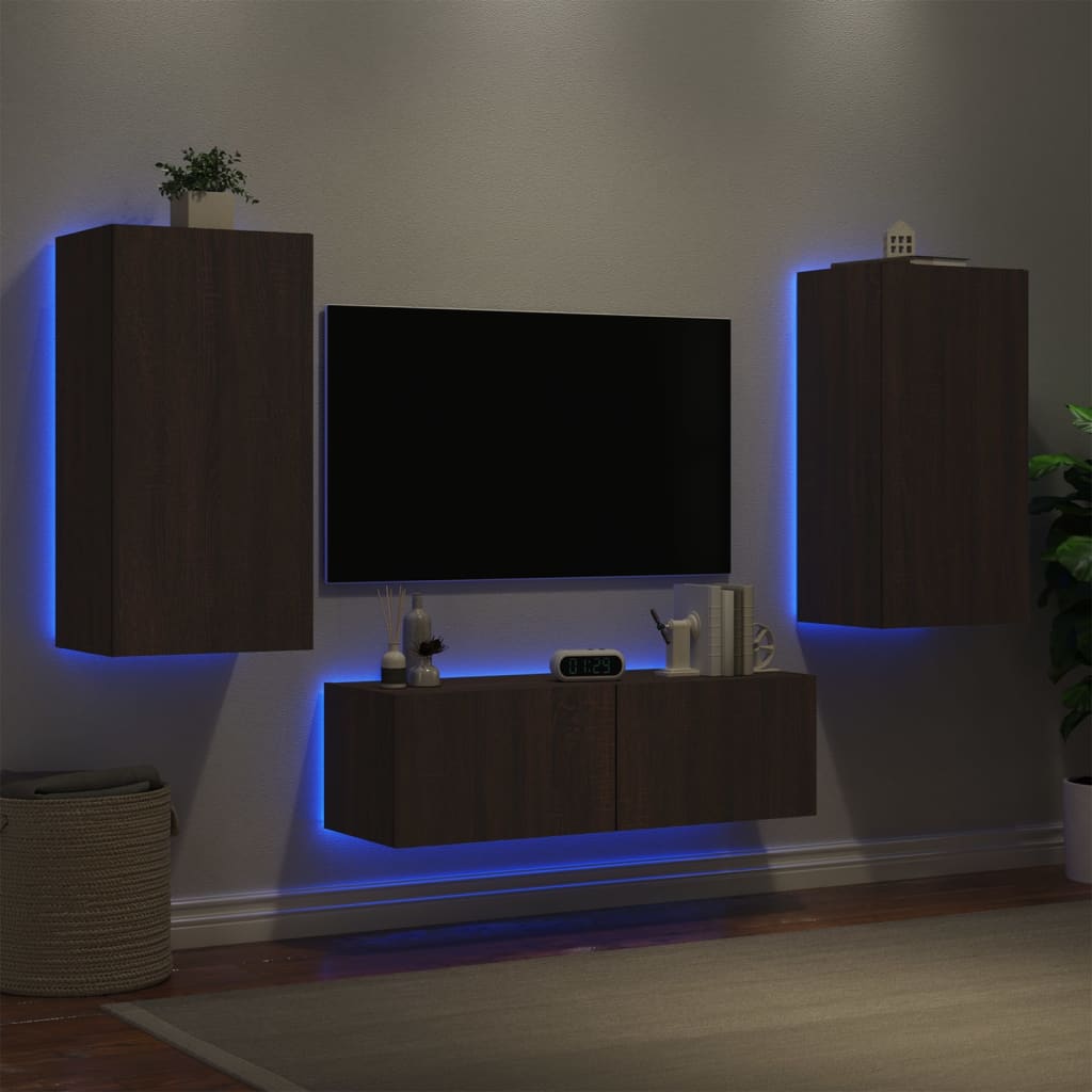 Comode TV de perete cu lumini LED, 3 piese, stejar maro - Lando