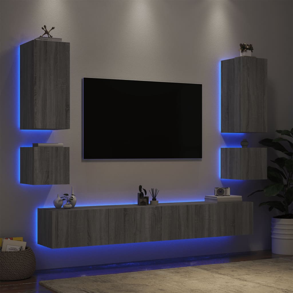 Comode TV de perete cu lumini LED, 6 piese, gri sonoma - Lando