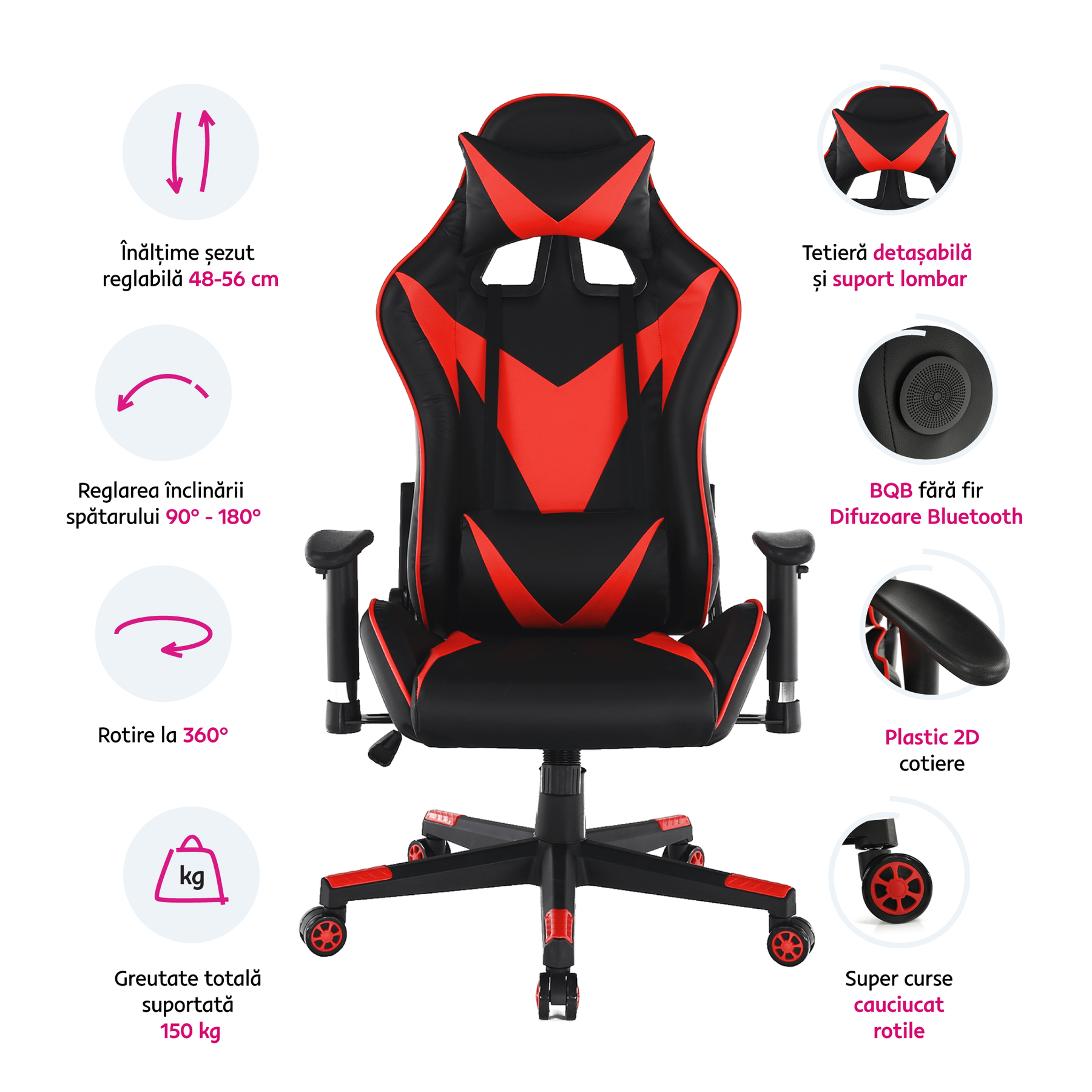 Scaun de birou / joc cu difuzoare Bluetooth, negru / roşu, CARPI Lando
