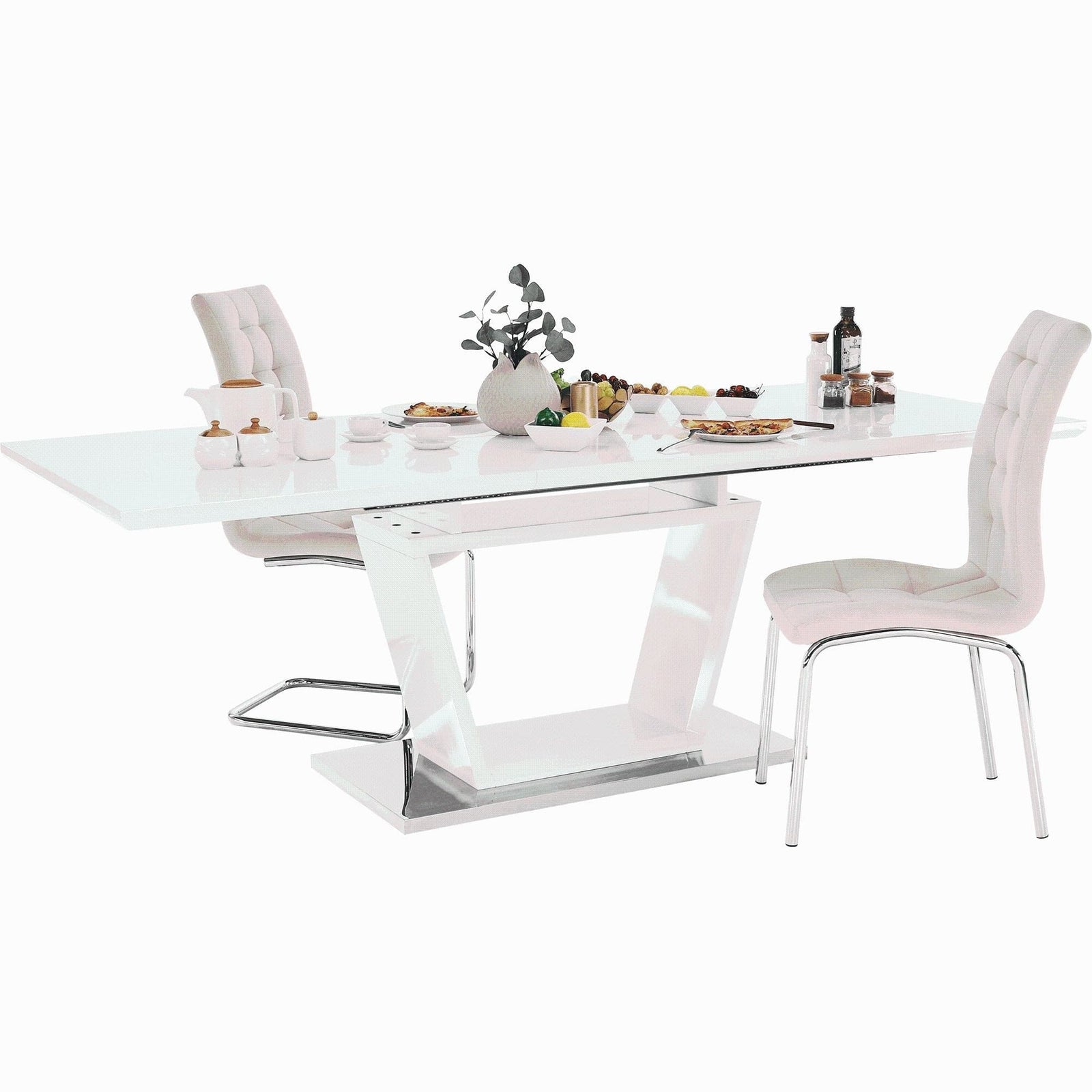 Masă dining, pliabilă, alb luciu extra ridicat / oţel, 160-220x90 cm, PERAK Lando - Lando