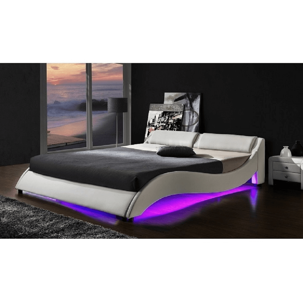 Lando-Pat cu RGB LED iluminare, piele ecologică albă, 180x200, PASCALE- mobila