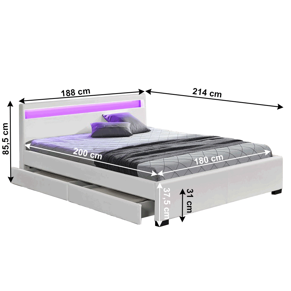Lando-Pat matrimonial cu RGB LED iluminare, piele ecologică albă, 180x200, C- lando.md